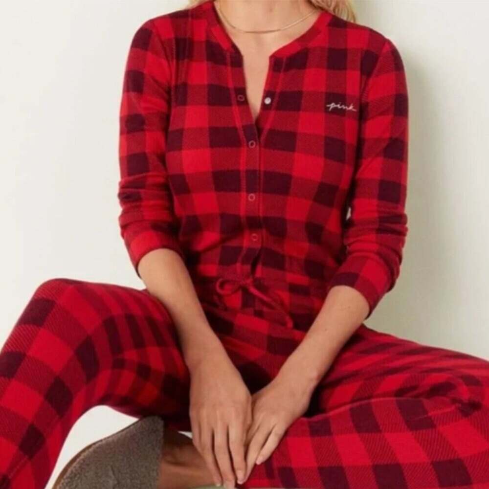 Victoria's Secret PINK Buffalo Plaid One Piece Lounge Thermal Pajama Size XXL